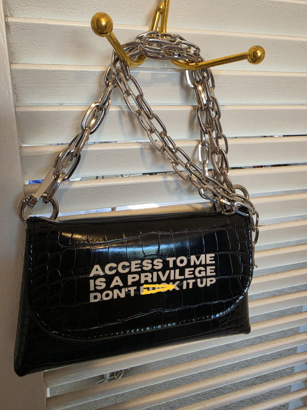 Edgy Black Croc-Textured Shoulder Bag with Chain Strap